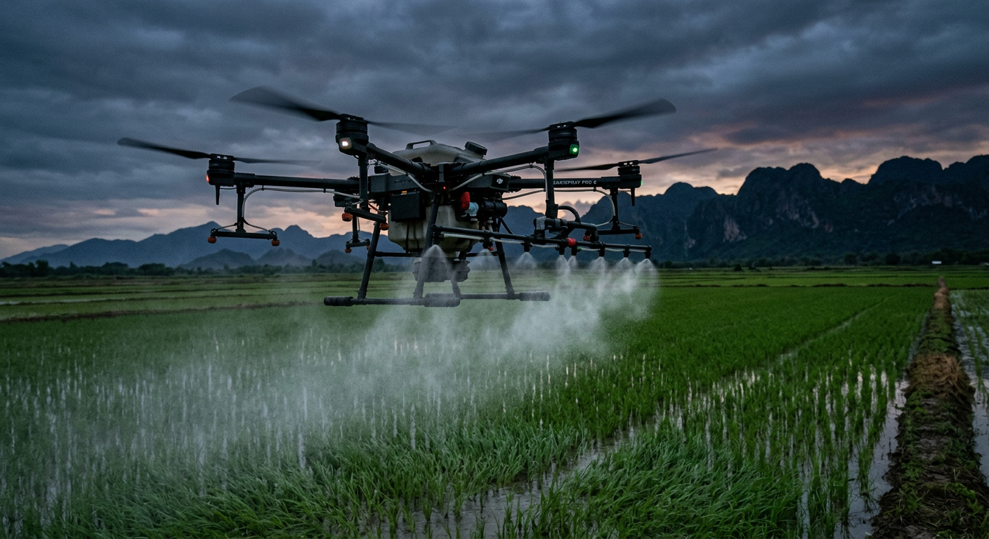 Agricultural spraying drone flying over rice paddies at dawn