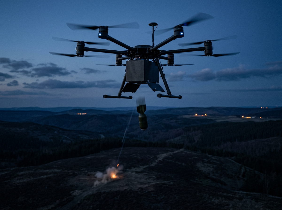 Hawk Recon hexacopter at dusk releasing a grenade from its drop box, with an earlier drop bursting on the hillside below
