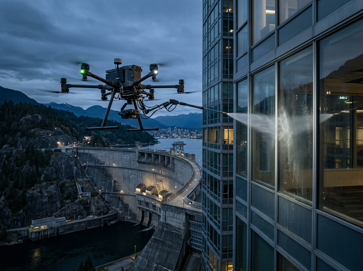 Industrial drone with a wash nozzle beside a high-rise facade and a concrete dam