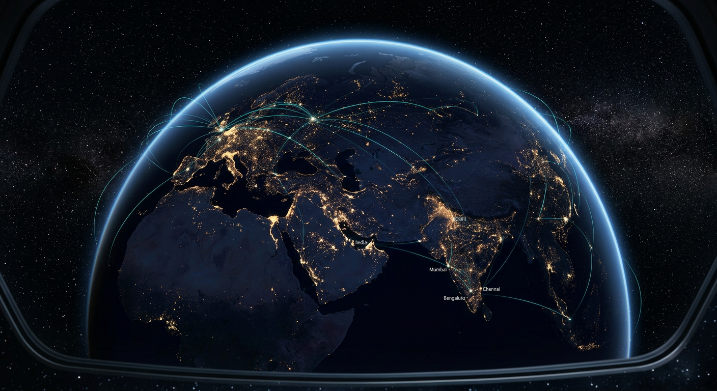 Earth from low orbit at night with data links between Europe and India